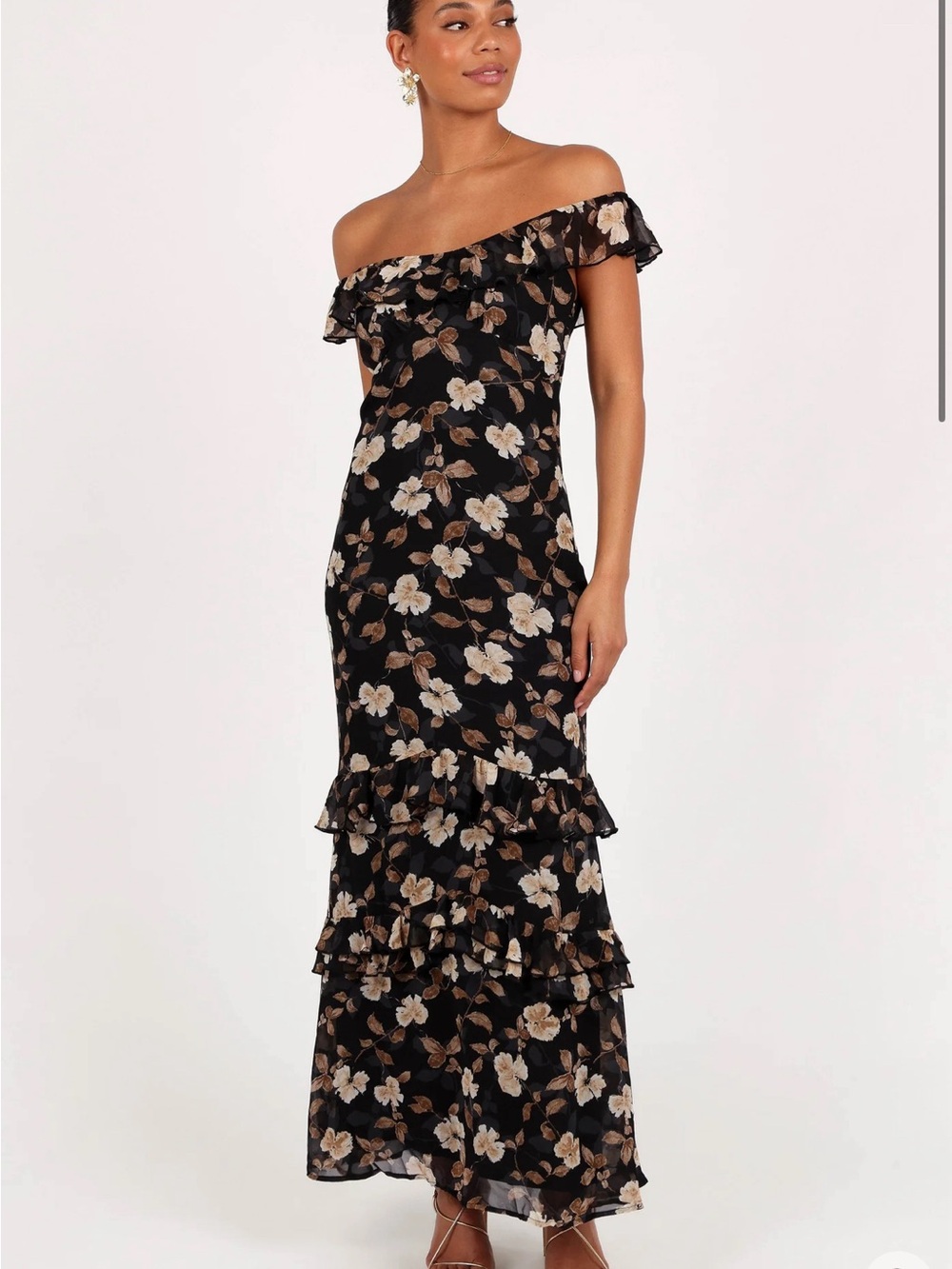 Petal & Pup Black Floral Off-Shoulder Ruffle Maxi Dress